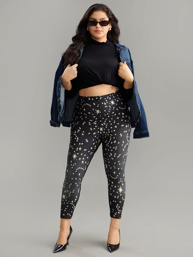 Plus Size Star Print High Rise Skinny Leggings Women Black Casual High stretch Skinny High Rise Dailywear Leggings BloomChic 18-20/2X 