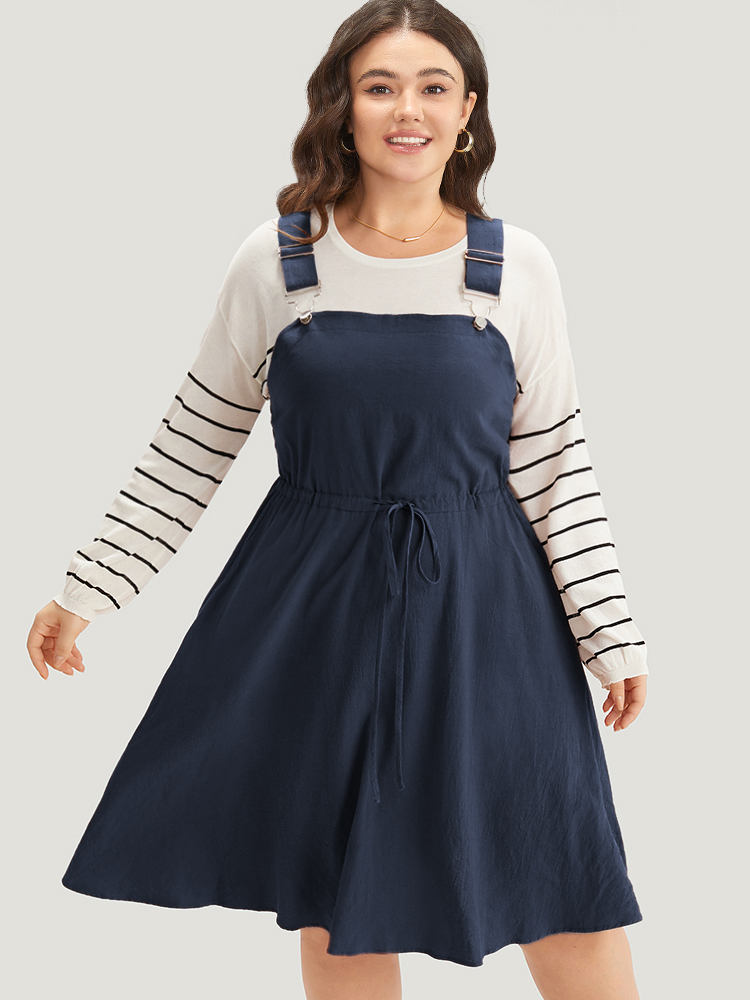 

Plus Size Plain Drawstring Pocket Metal Detail Suspender Skirt Indigo Women Casual Adjustable Straps Spaghetti Strap Sleeveless Curvy Midi Dress BloomChic