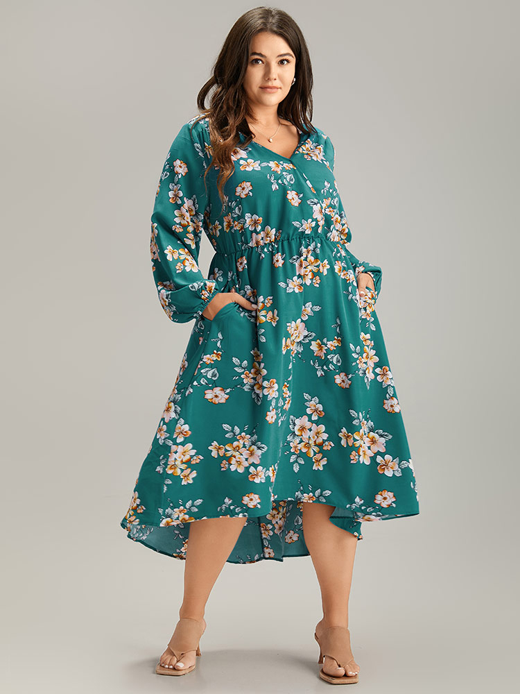 

Plus Size Floral Lantern Sleeve High Low Hem Dress DarkBlue Women Elegant Elastic cuffs V-neck Long Sleeve Curvy Midi Dress BloomChic