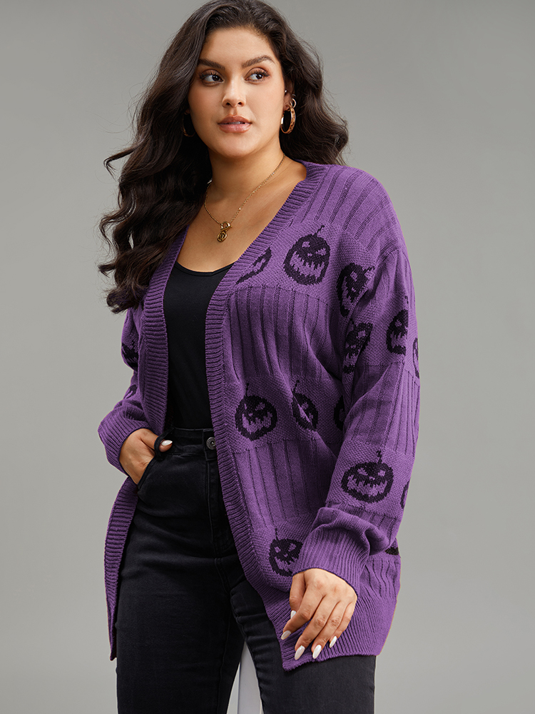 

Plus Size Halloween Pumpkin Graphic Open Front Cardigan Purple Women Casual Loose Long Sleeve Festival-Halloween Cardigans BloomChic