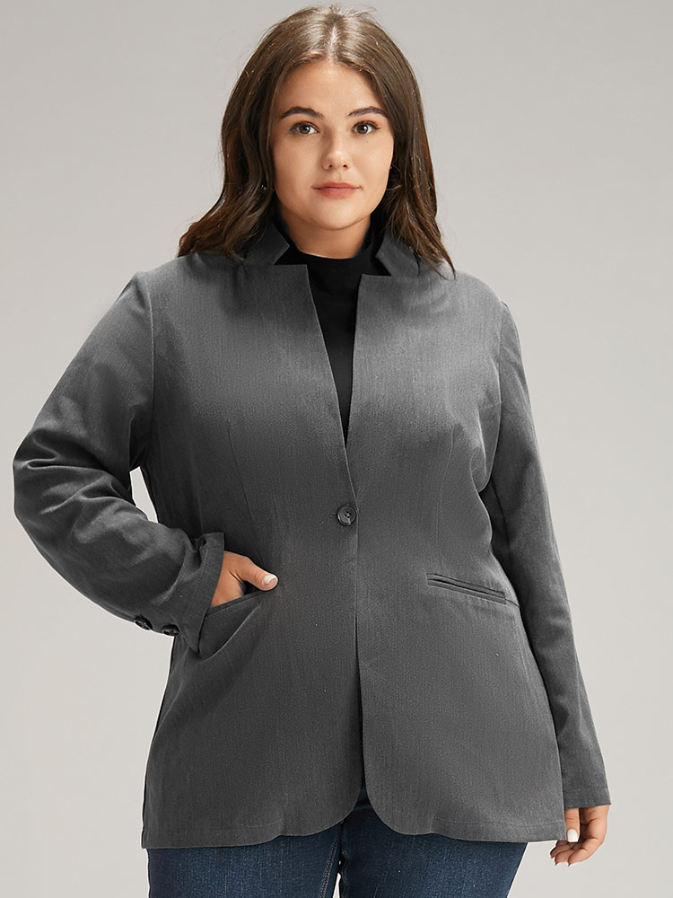 

Plus Size Stand Collar Button Up Pocket Blazer Gray Women Work Plain Plain Sleeve Long Sleeve Stand-up collar  Pocket Office Blazers BloomChic