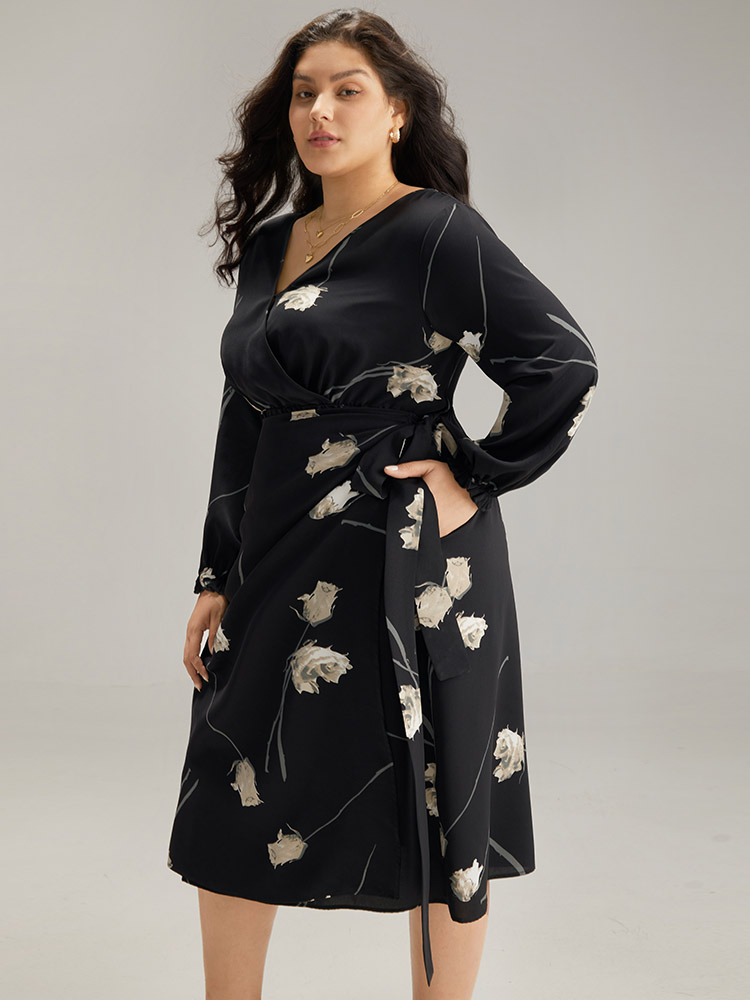 

Plus Size Geometric Wrap Ties Lantern Sleeve Dress BlackFlower Women Office Cross straps V-neck Long Sleeve Curvy Midi Dress BloomChic