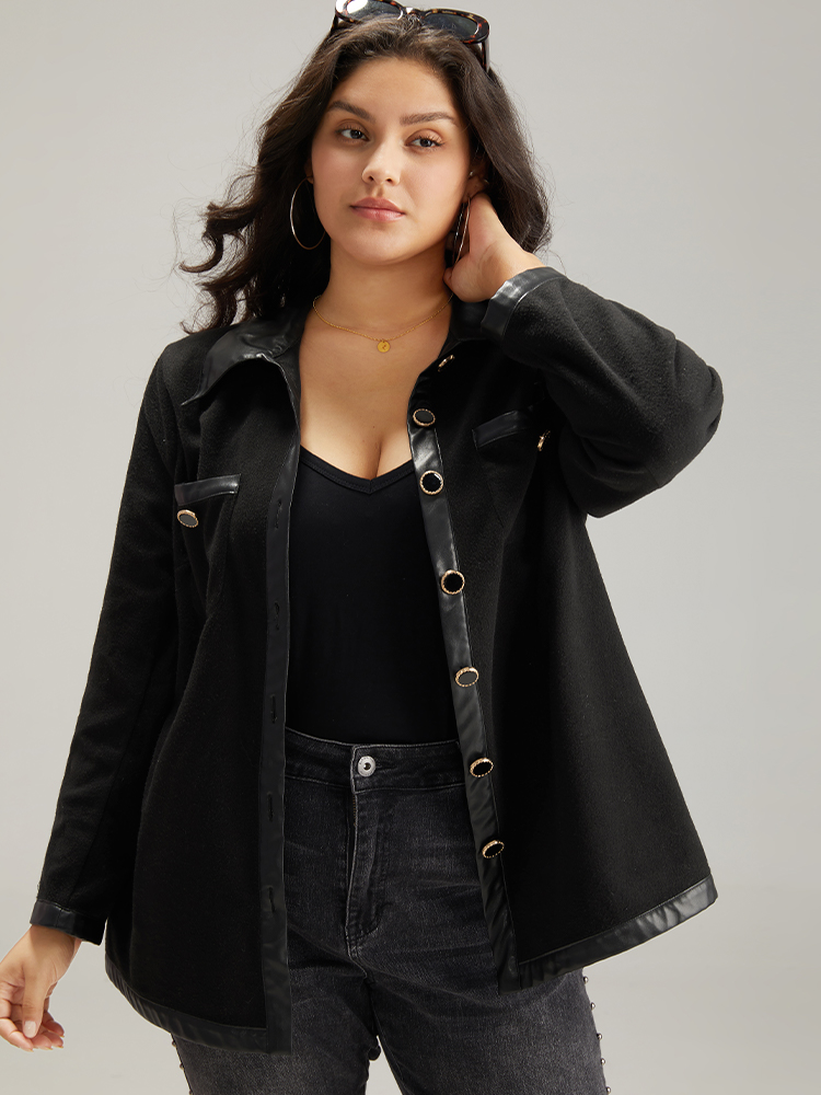 

Plus Size Solid Pocket PU Leather Buckle Detail Coat Women Black Casual Patchwork Ladies Everyday Winter Coats BloomChic