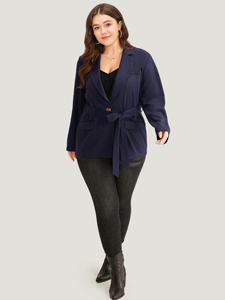 

Plus Size Button Through Belted Blazer Indigo Women Dailywear Plain Plain Sleeve Long Sleeve Suit Collar  Pocket Belt Elegant Blazers BloomChic