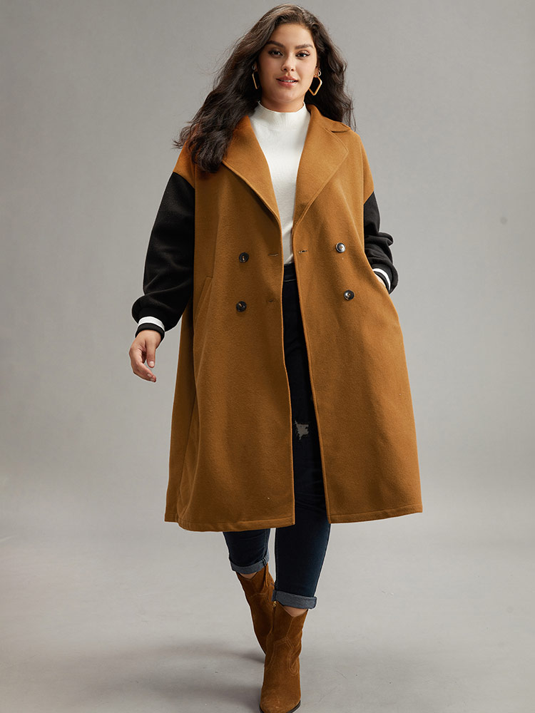 

Plus Size Lapel Collar Patchwork Contrast Trim Coat Women Tan Casual Contrast Ladies Everyday Winter Coats BloomChic