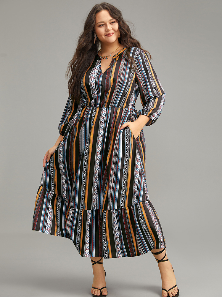 

Plus Size Bandana Print Notched Ruffle Layered Hem Dress Black Women Resort Elastic cuffs Notched collar Long Sleeve Curvy Midi Dress BloomChic