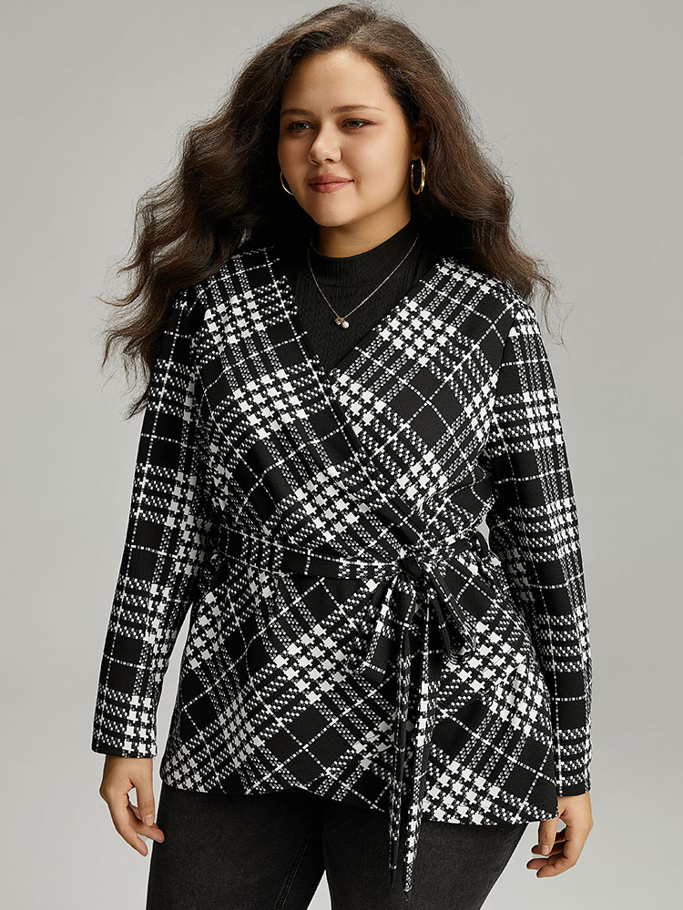 

Plus Size Plaid Belted Asymmetrical Hem Coat Women Black Elegant Belted Ladies Dailywear Winter Coats BloomChic