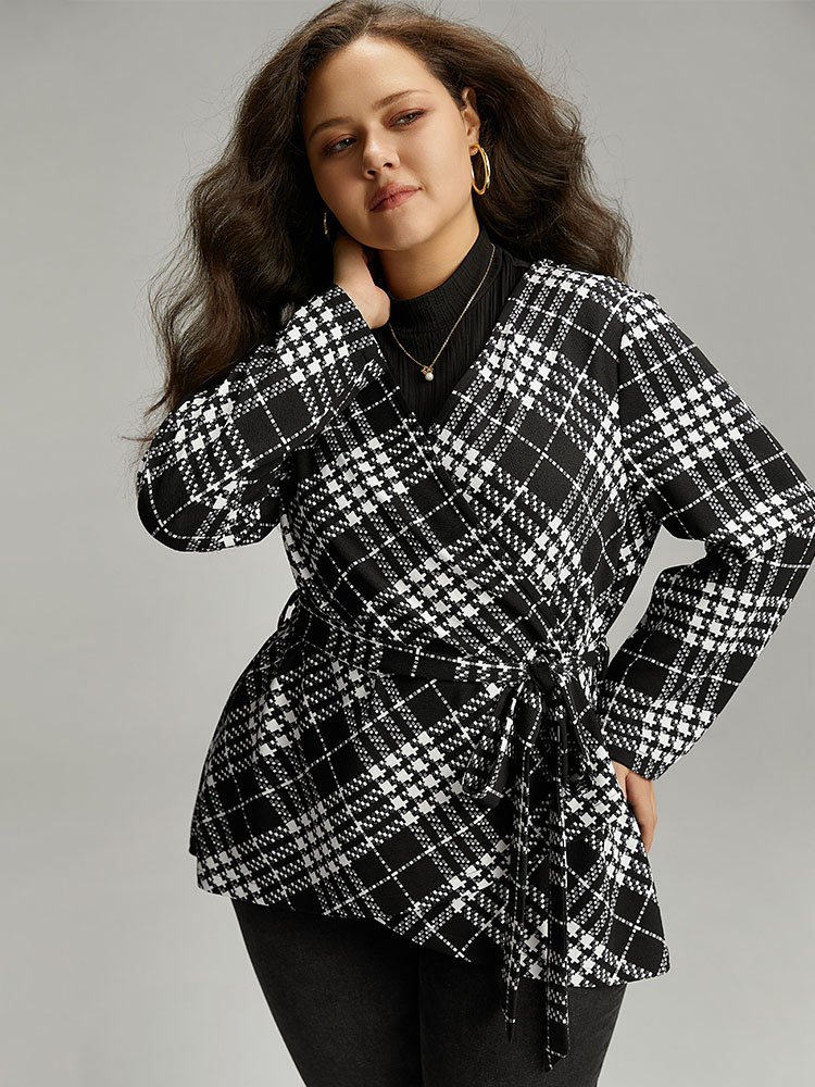 

Plus Size Plaid Belted Asymmetrical Hem Coat Women Black Elegant Belted Ladies Dailywear Winter Coats BloomChic