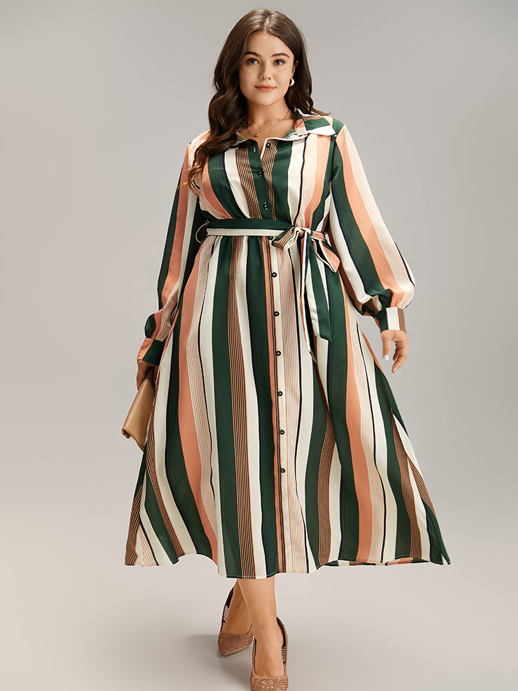 Plus Size Women Work Striped Printed Regular Sleeve Long Sleeve Shirt collar Pocket Belt At the Office Dresses BloomChic 