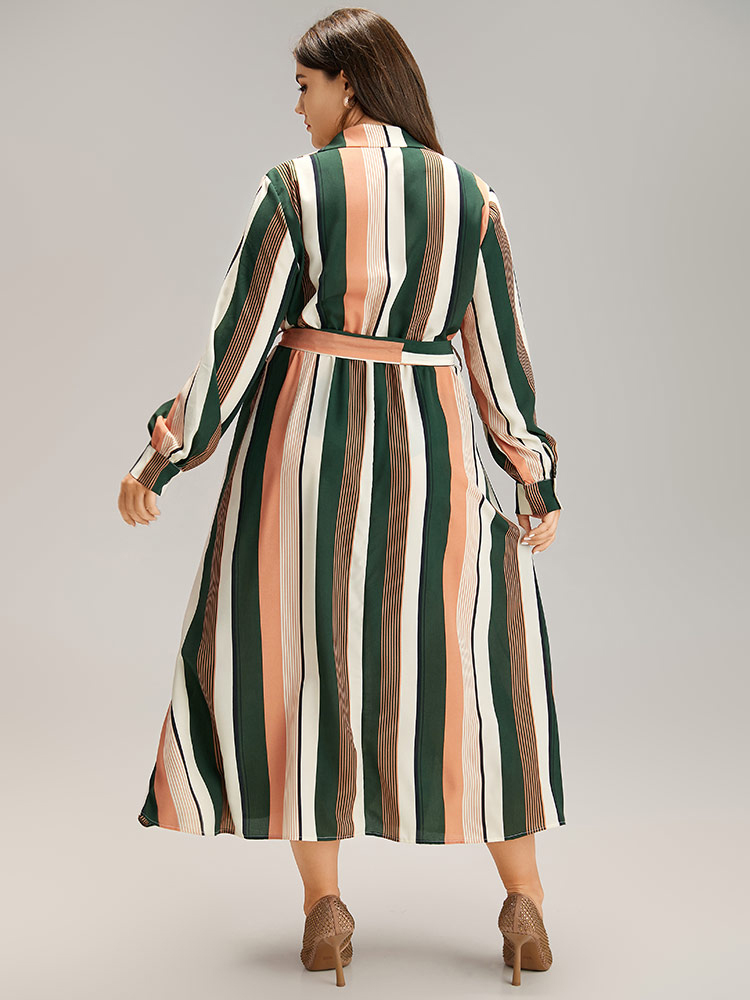 Plus Size Women Work Striped Printed Regular Sleeve Long Sleeve Shirt collar Pocket Belt At the Office Dresses BloomChic 