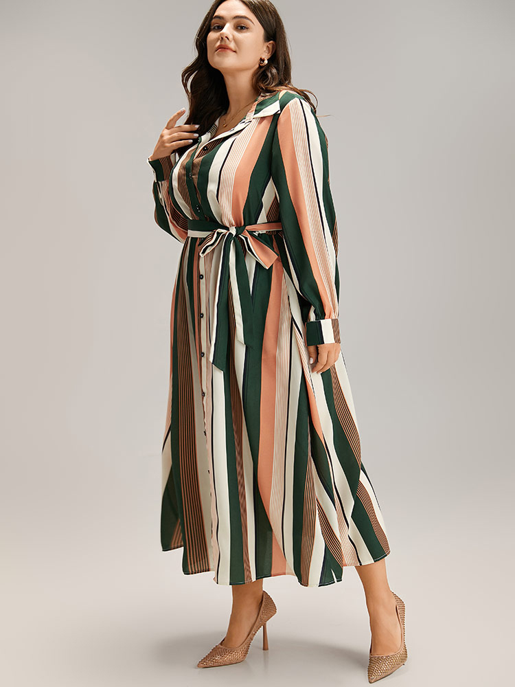 Plus Size Women Work Striped Printed Regular Sleeve Long Sleeve Shirt collar Pocket Belt At the Office Dresses BloomChic 