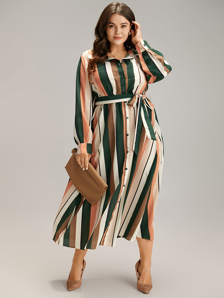 Plus Size Women Work Striped Printed Regular Sleeve Long Sleeve Shirt collar Pocket Belt At the Office Dresses BloomChic 