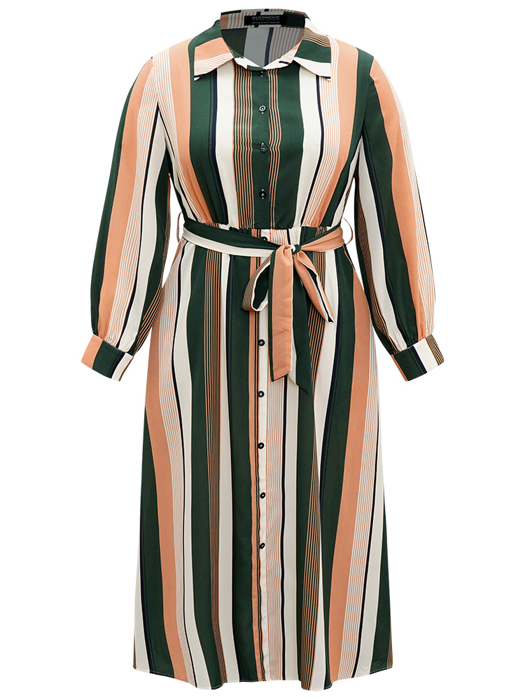 Plus Size Women Work Striped Printed Regular Sleeve Long Sleeve Shirt collar Pocket Belt At the Office Dresses BloomChic 