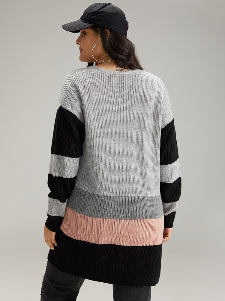 Plus Size Contrast Colorblock Open Front Cardigan Multicolor Women Casual Loose Long Sleeve Dailywear Cardigans BloomChic 22-24/3X 