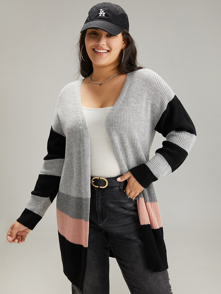Plus Size Contrast Colorblock Open Front Cardigan Multicolor Women Casual Loose Long Sleeve Dailywear Cardigans BloomChic 22-24/3X 