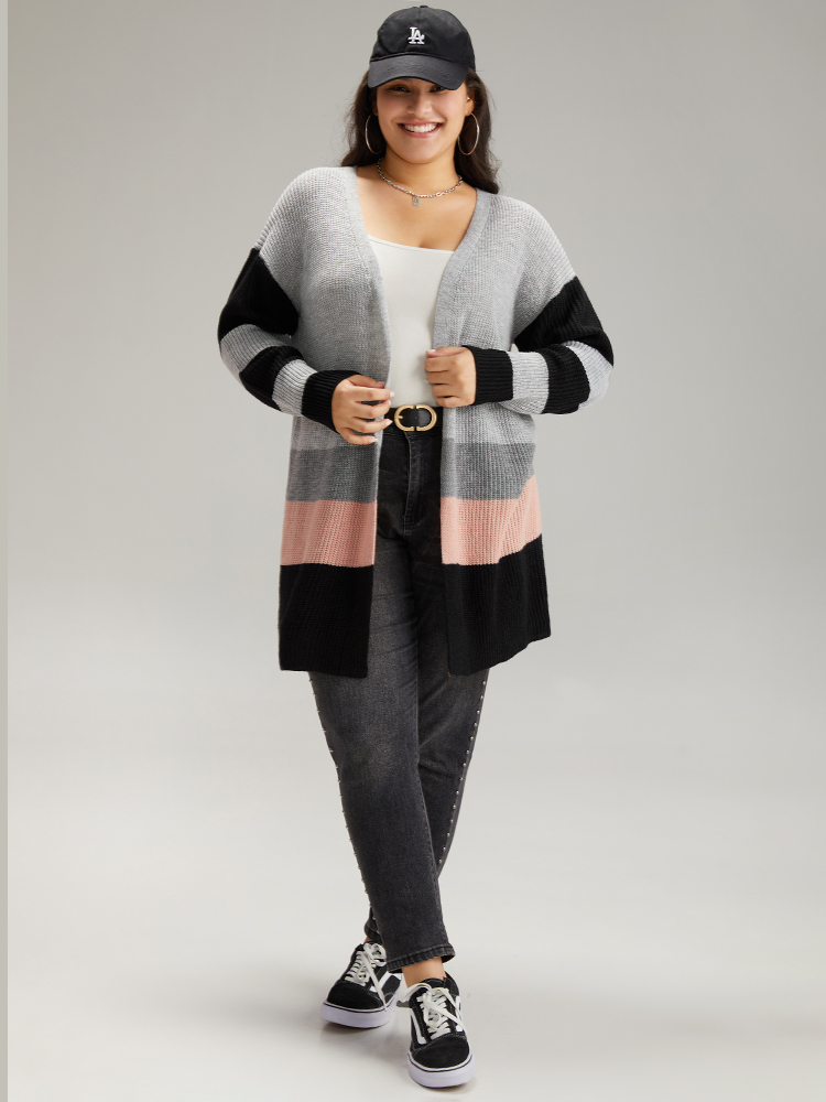 Plus Size Contrast Colorblock Open Front Cardigan Multicolor Women Casual Loose Long Sleeve Dailywear Cardigans BloomChic 22-24/3X 