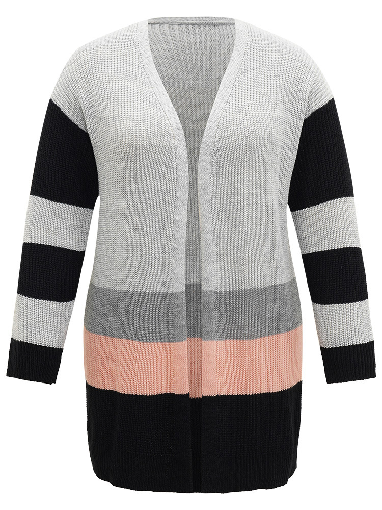 Plus Size Contrast Colorblock Open Front Cardigan Multicolor Women Casual Loose Long Sleeve Dailywear Cardigans BloomChic 22-24/3X 