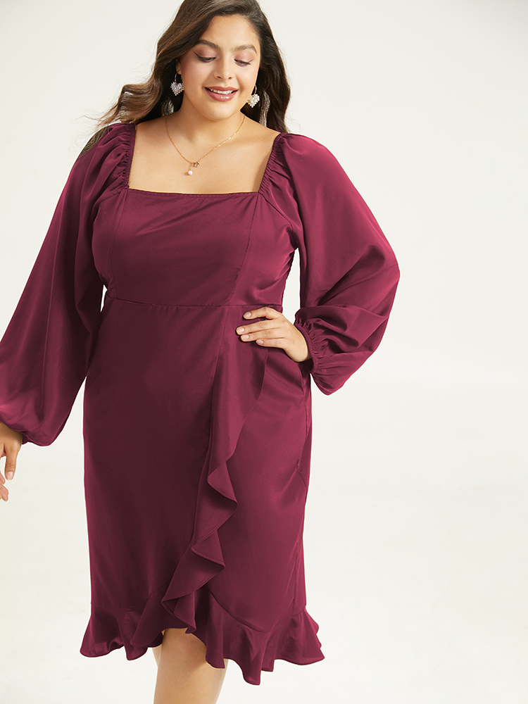 

Plus Size Anti-Wrinkle Square Neck Ruffle Trim Wrap Hem Dress Burgundy Women Glamour Elastic cuffs Square Neck Long Sleeve Curvy Midi Dress BloomChic