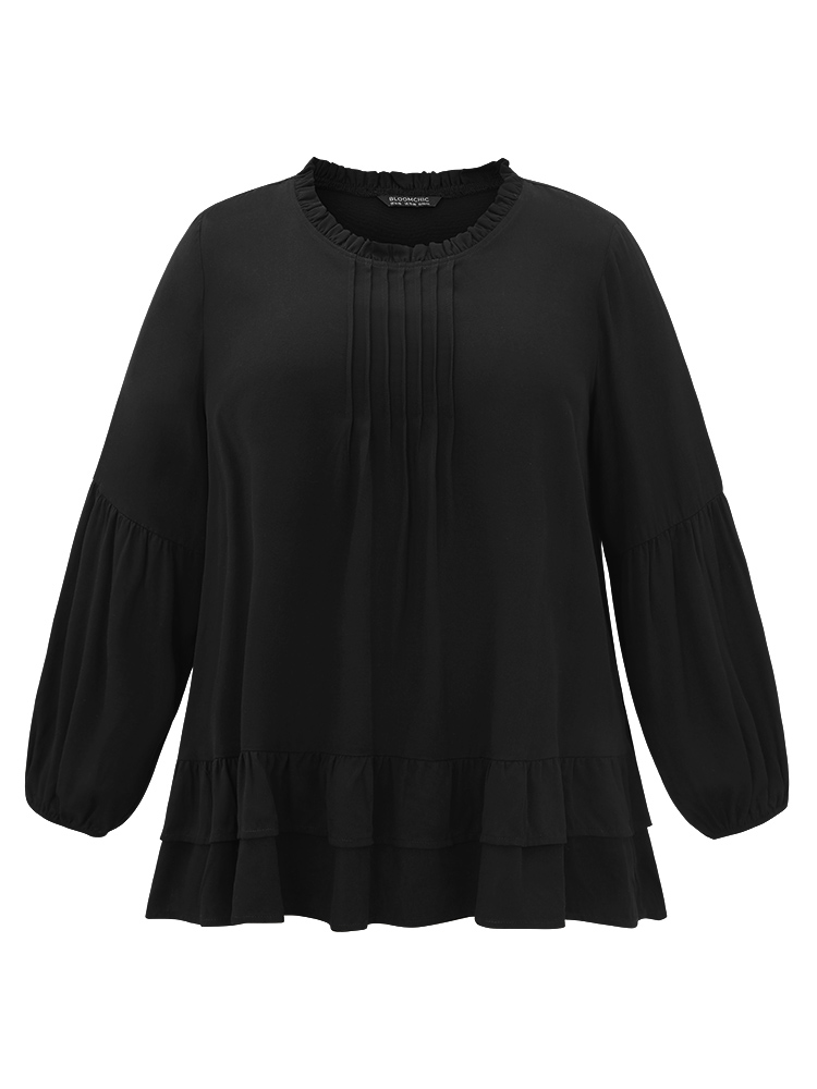 

Plus Size Black Seam Detail Frill Trim Layered Blouse Women Elegant Long Sleeve Round Neck Dailywear Blouses BloomChic