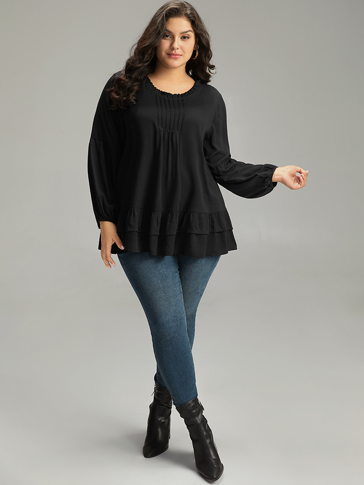 

Plus Size Black Seam Detail Frill Trim Layered Blouse Women Elegant Long Sleeve Round Neck Dailywear Blouses BloomChic