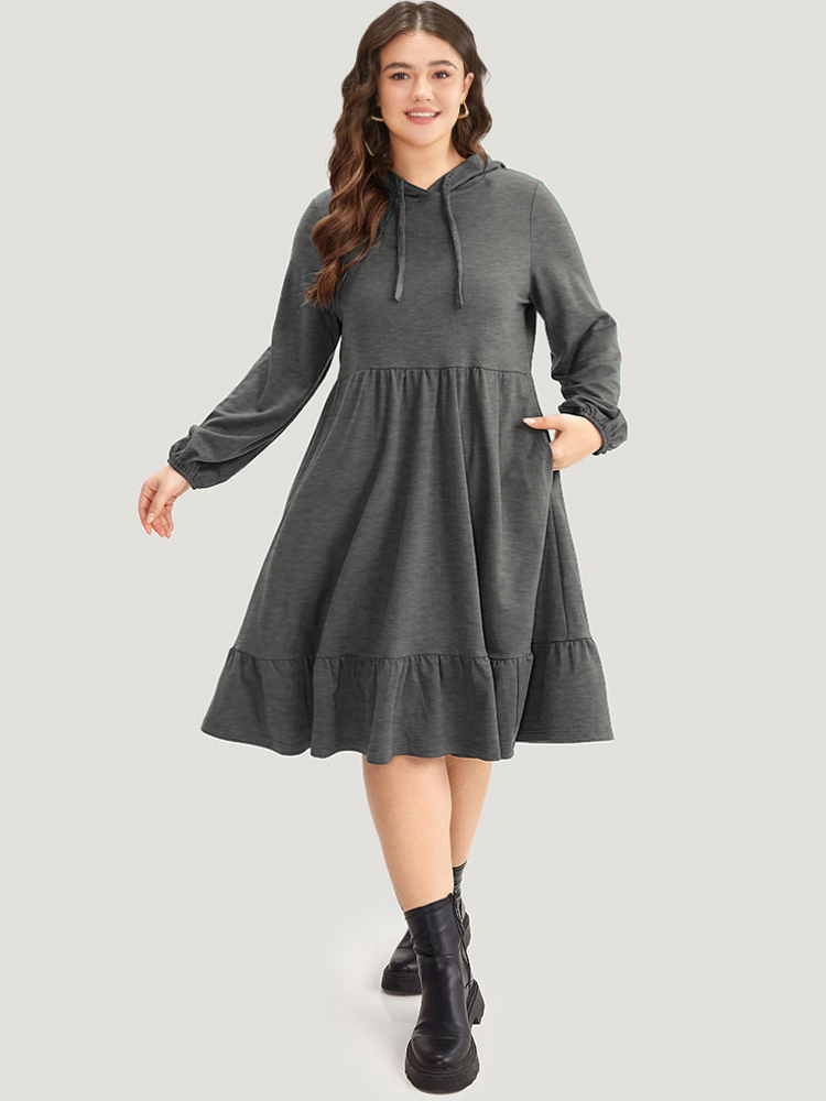 

Plus Size Hooded Lantern Sleeve Flutter Hem Dress DimGray Women Casual Elastic cuffs Hooded Long Sleeve Curvy Midi Dress BloomChic