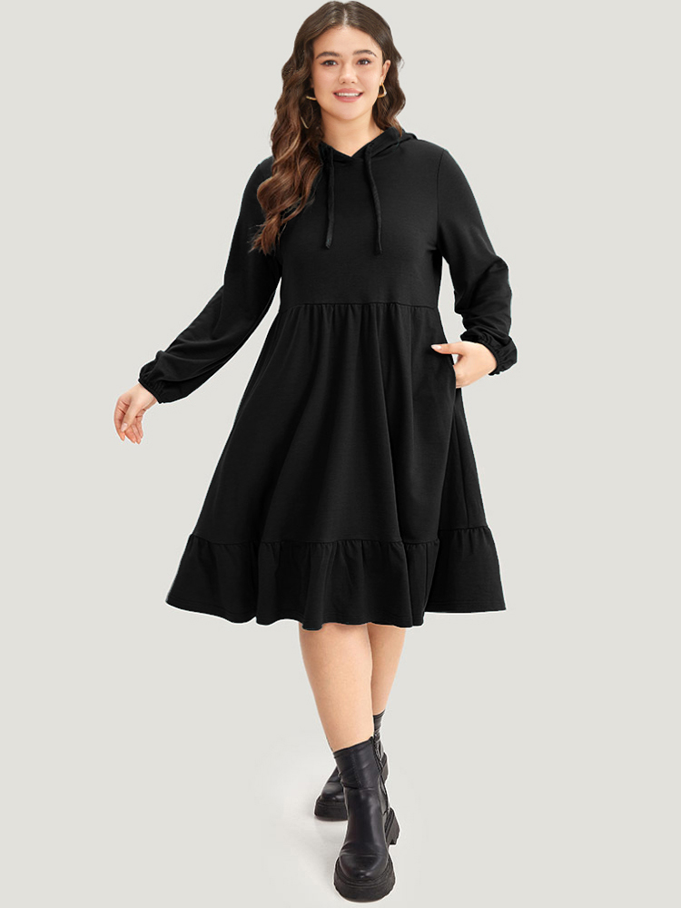 

Plus Size Hooded Lantern Sleeve Flutter Hem Dress Black Women Casual Elastic cuffs Hooded Long Sleeve Curvy Midi Dress BloomChic