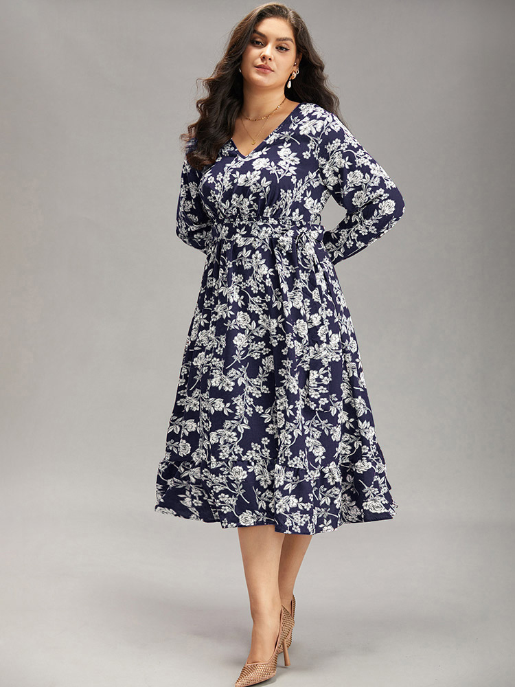 

Plus Size Floral Print Elastic Cuffs Ruffle Hem Dress DarkBlue Women Elegant Elastic cuffs V-neck Long Sleeve Curvy Midi Dress BloomChic