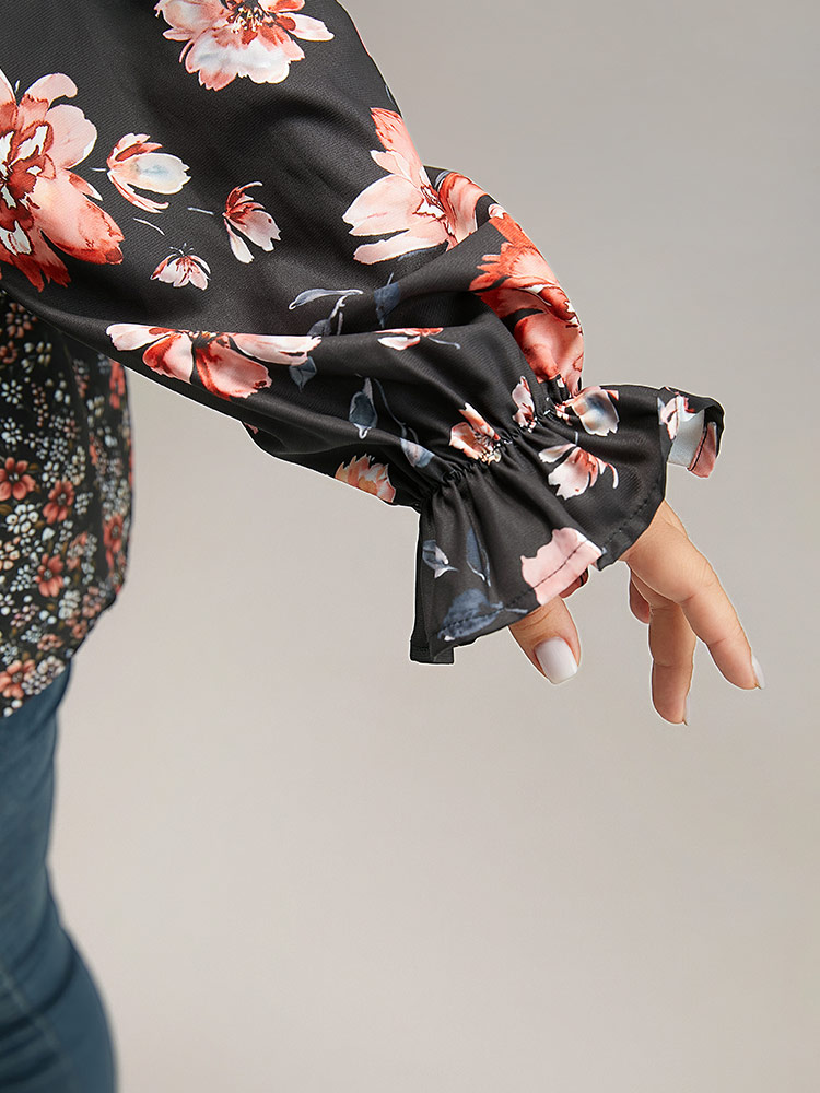 Plus Size BlackFlower Floral Print Flutter Sleeve Patchwork Blouse Women Elegant Long Sleeve V-neck Dailywear Blouses BloomChic 10/M 