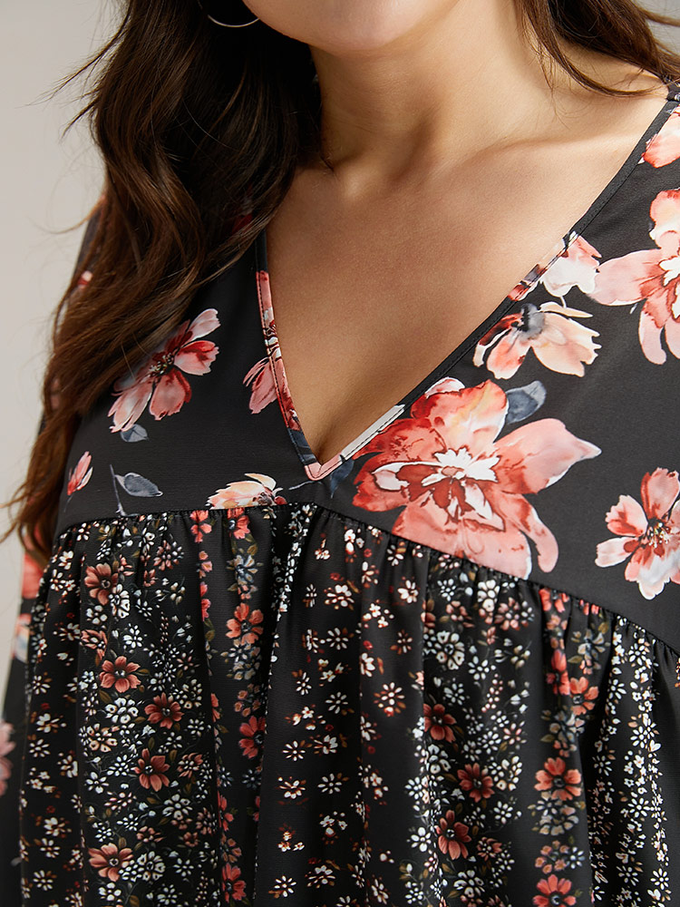Plus Size BlackFlower Floral Print Flutter Sleeve Patchwork Blouse Women Elegant Long Sleeve V-neck Dailywear Blouses BloomChic 10/M 