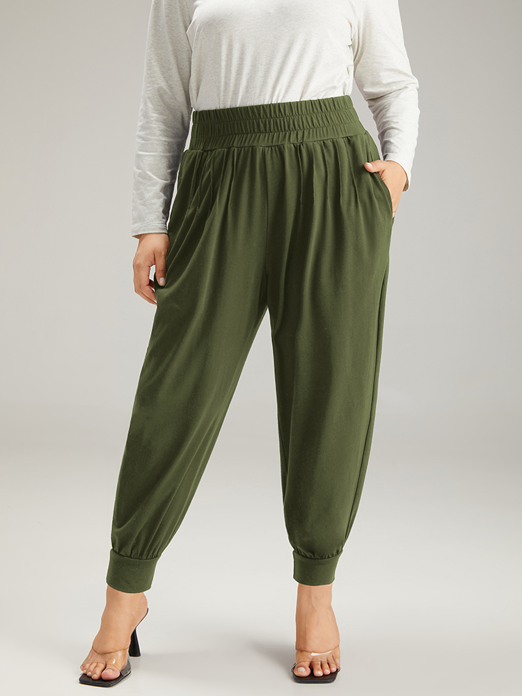 

Solid Shirred Pocket Harem Sweatpants ArmyGreen Plus Size Women Casual Dailywear Tummy control  Bloomchic