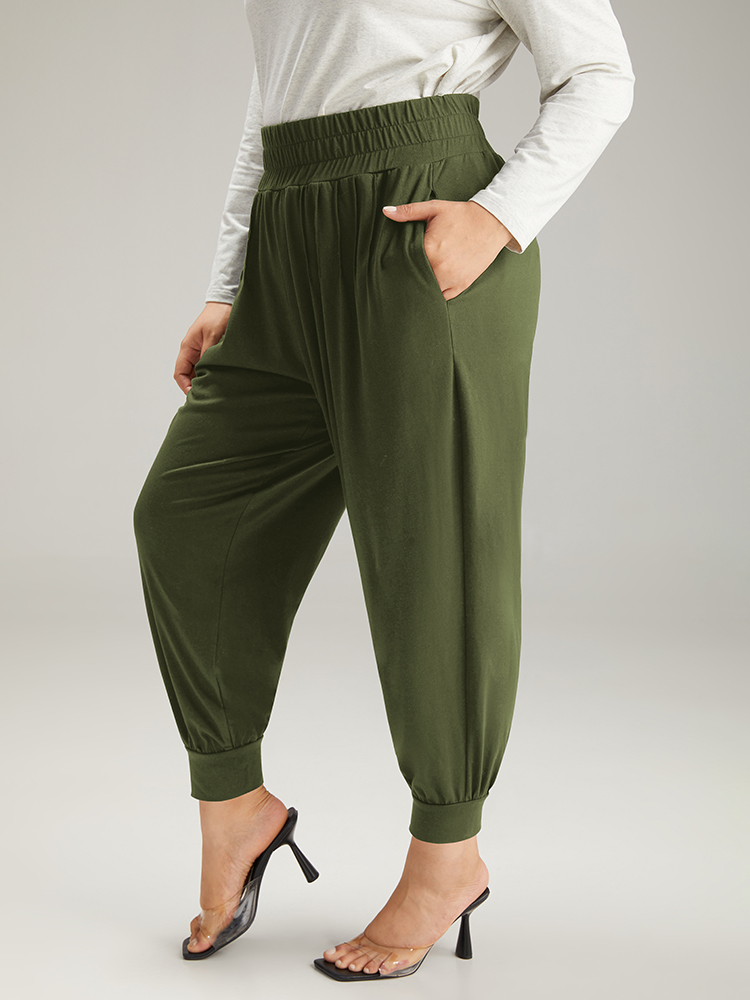 

Solid Shirred Pocket Harem Sweatpants ArmyGreen Plus Size Women Casual Dailywear Tummy control  Bloomchic