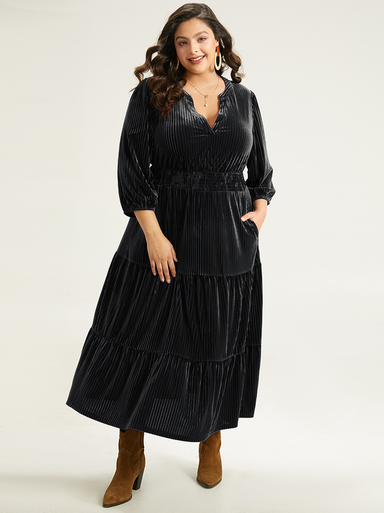 

Plus Size Velvet Shirred Pocket Notched Dress Black Women Elegant Elastic cuffs Notched collar Elbow-length sleeve Curvy Midi Dress BloomChic