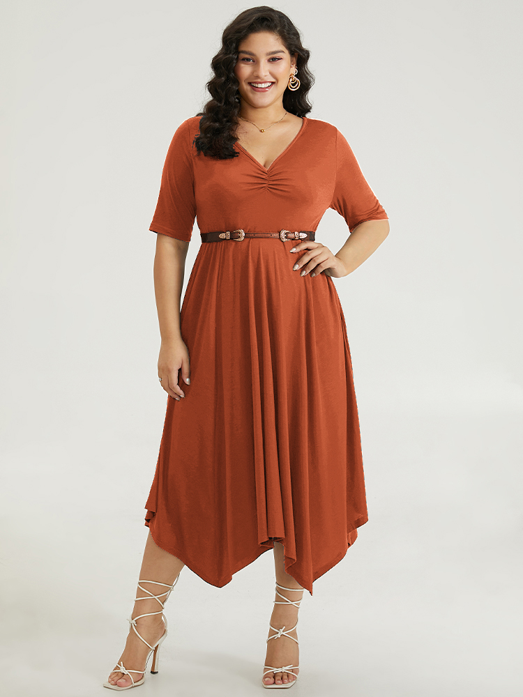 

Plus Size Solid Ruched Pocket Asymmetrical Hem Dress Chocolate Women Elegant Gathered V-neck Short sleeve Curvy Midi Dress BloomChic