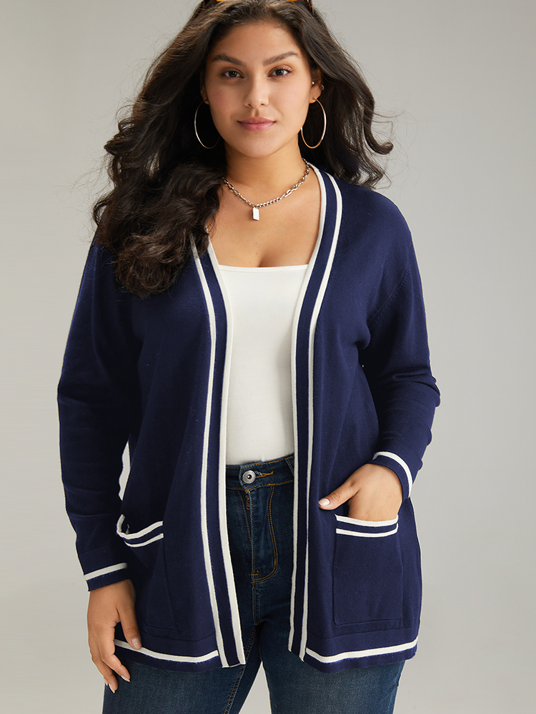 

Plus Size Supersoft Essentials Striped Patchwork Pocket Open Front Cardigan Indigo Women Casual Loose Long Sleeve Everyday Cardigans BloomChic