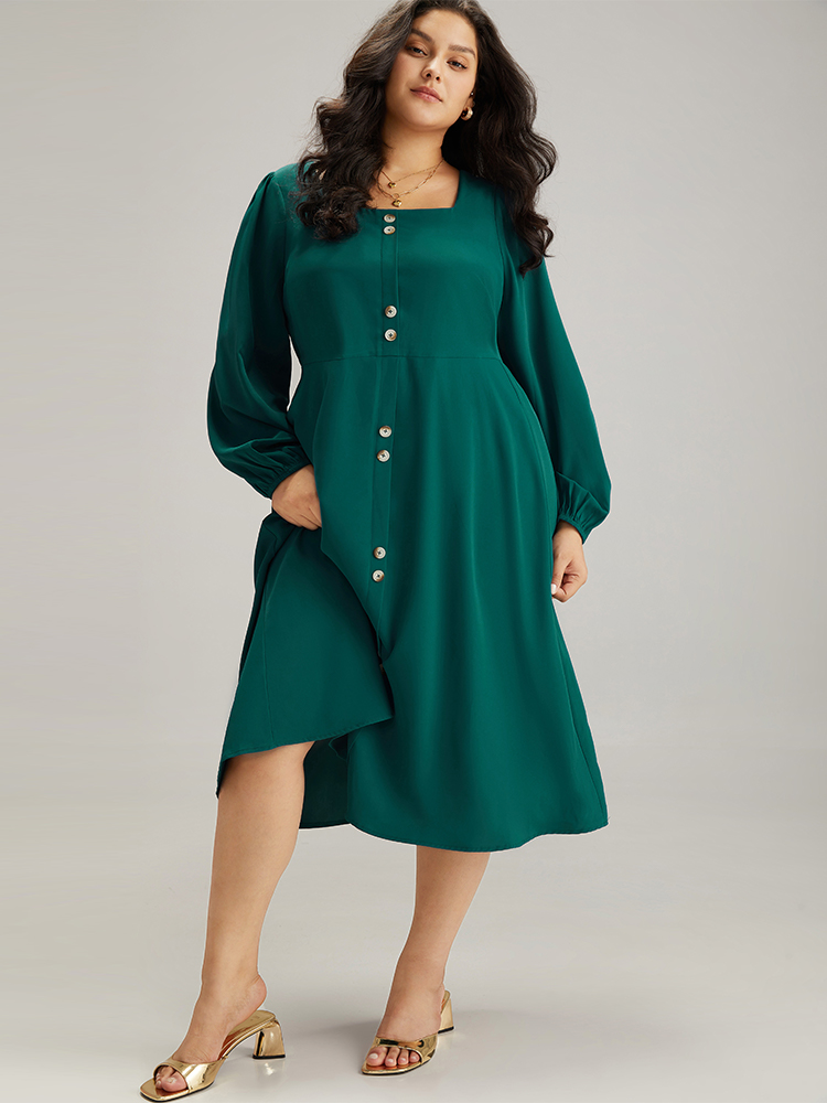 

Plus Size Twill Square Neck Button Detail Lantern Sleeve Dress Teal Women Office Elastic cuffs Square Neck Long Sleeve Curvy Midi Dress BloomChic