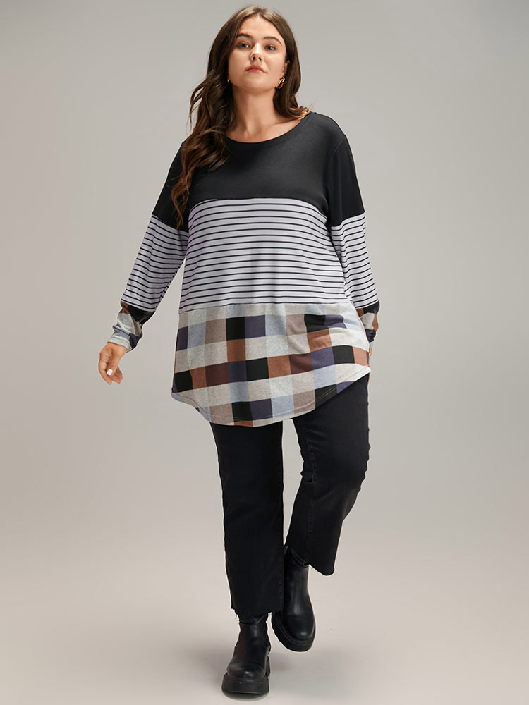 Plus Size Plaid Striped Patchwork Arc HemT-shirt Multicolor Women Casual Contrast Patchwork Round Neck Dailywear T-shirts BloomChic 22-24/3X 
