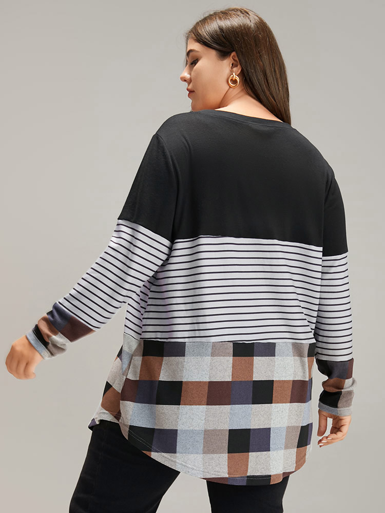 Plus Size Plaid Striped Patchwork Arc HemT-shirt Multicolor Women Casual Contrast Patchwork Round Neck Dailywear T-shirts BloomChic 22-24/3X 