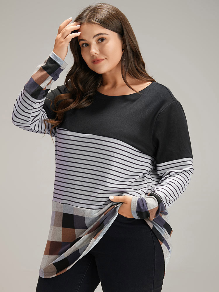 

Plus Size Plaid Striped Patchwork Arc HemT-shirt Multicolor Women Casual Contrast Patchwork Round Neck Dailywear T-shirts BloomChic