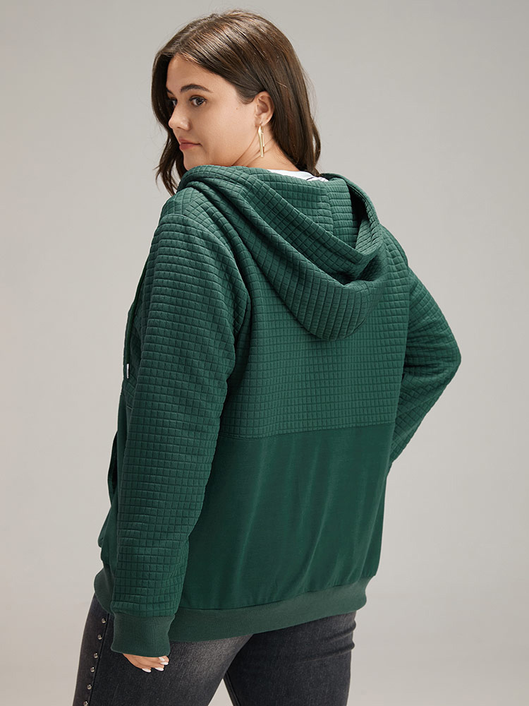 Plus Size Plain Texture Pocket Zipper, Sweatshirt Women DarkGreen Casual Elastic cuffs Hooded Dailywear Sweatshirts BloomChic 14-16/1X 