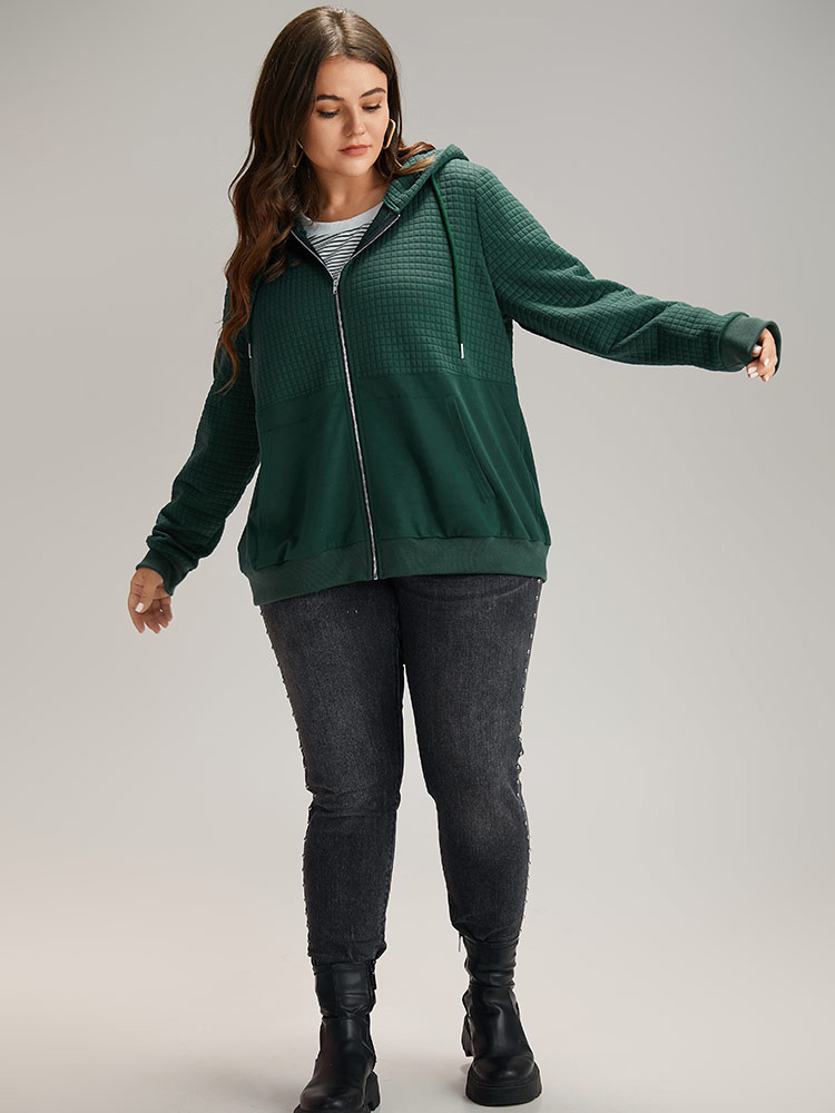 Plus Size Plain Texture Pocket Zipper, Sweatshirt Women DarkGreen Casual Elastic cuffs Hooded Dailywear Sweatshirts BloomChic 14-16/1X 