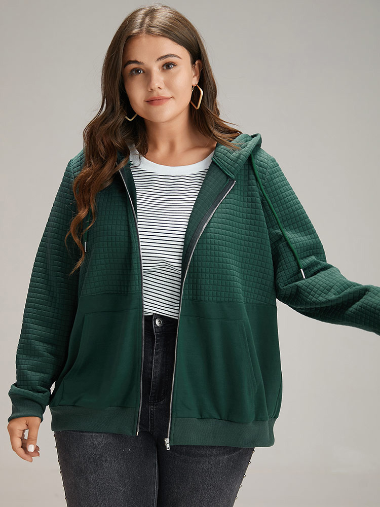 Plus Size Plain Texture Pocket Zipper, Sweatshirt Women DarkGreen Casual Elastic cuffs Hooded Dailywear Sweatshirts BloomChic 14-16/1X 