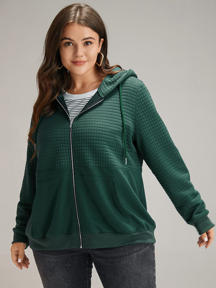 Plus Size Plain Texture Pocket Zipper, Sweatshirt Women DarkGreen Casual Elastic cuffs Hooded Dailywear Sweatshirts BloomChic 14-16/1X 