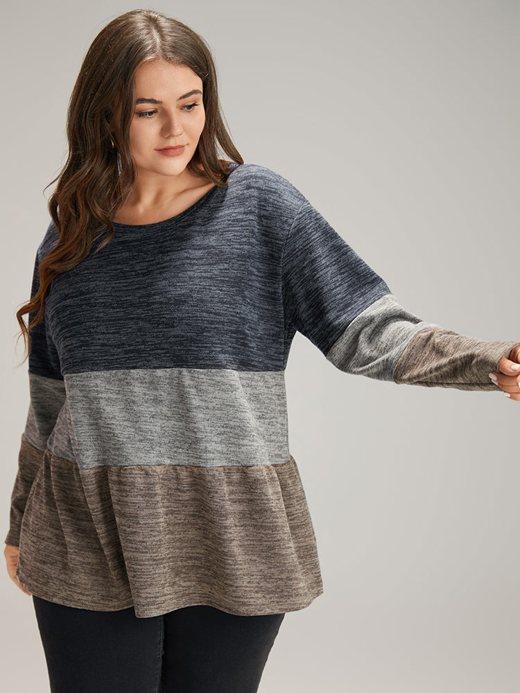 Plus Size Women Dailywear Plain Gathered Regular Sleeve Long Sleeve Round Neck Casual T-shirts BloomChic 