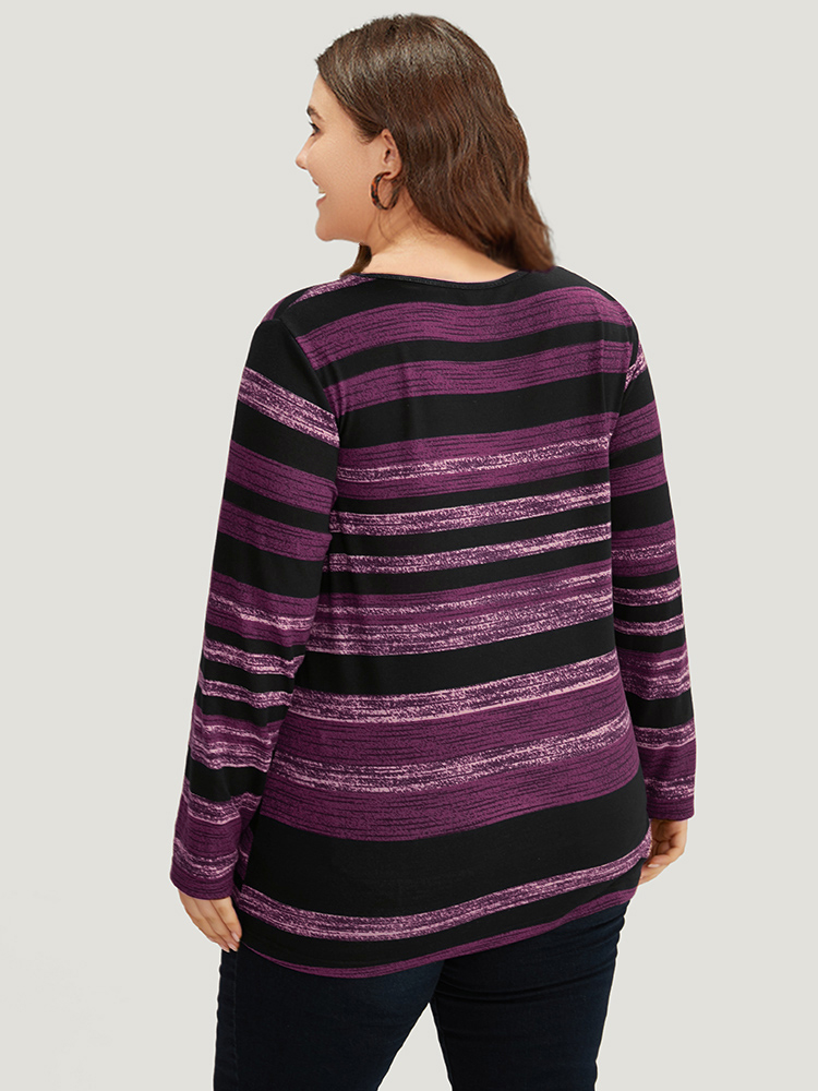 Plus Size Striped Contrast V Neck T-shirt Purple Women Casual Printed Striped V-neck Dailywear T-shirts BloomChic 30/6X 