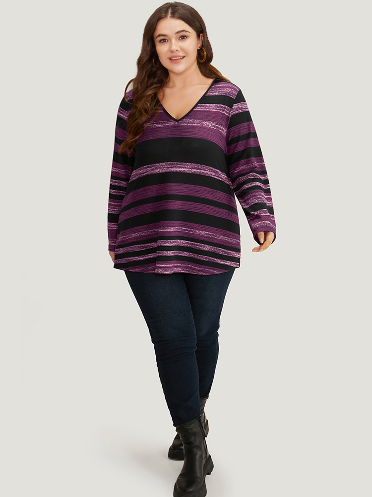 Plus Size Striped Contrast V Neck T-shirt Purple Women Casual Printed Striped V-neck Dailywear T-shirts BloomChic 30/6X 