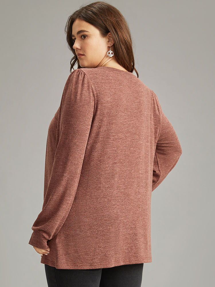 

Plus Size Plain Heather Plicated Detail T-shirt Rust Round Neck Long Sleeve Casual Jersey Tops