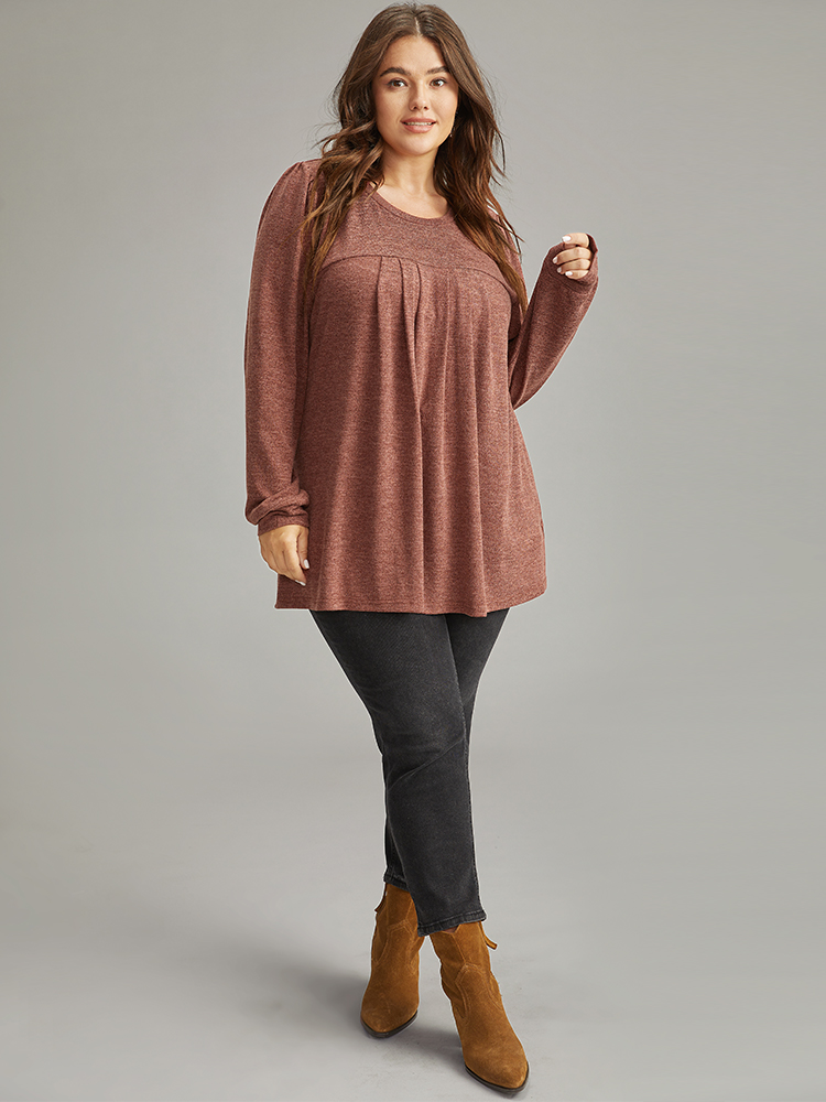 

Plus Size Plain Heather Plicated Detail T-shirt Rust Women Casual Elastic cuffs Plain Round Neck Everyday T-shirts BloomChic