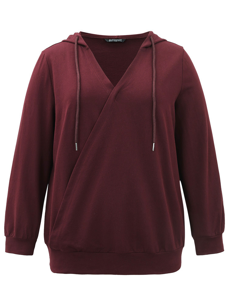 

Plus Size Cotton Hooded Drawstring Sweatshirt Women Burgundy Elegant Wrap Hooded Dailywear Sweatshirts BloomChic