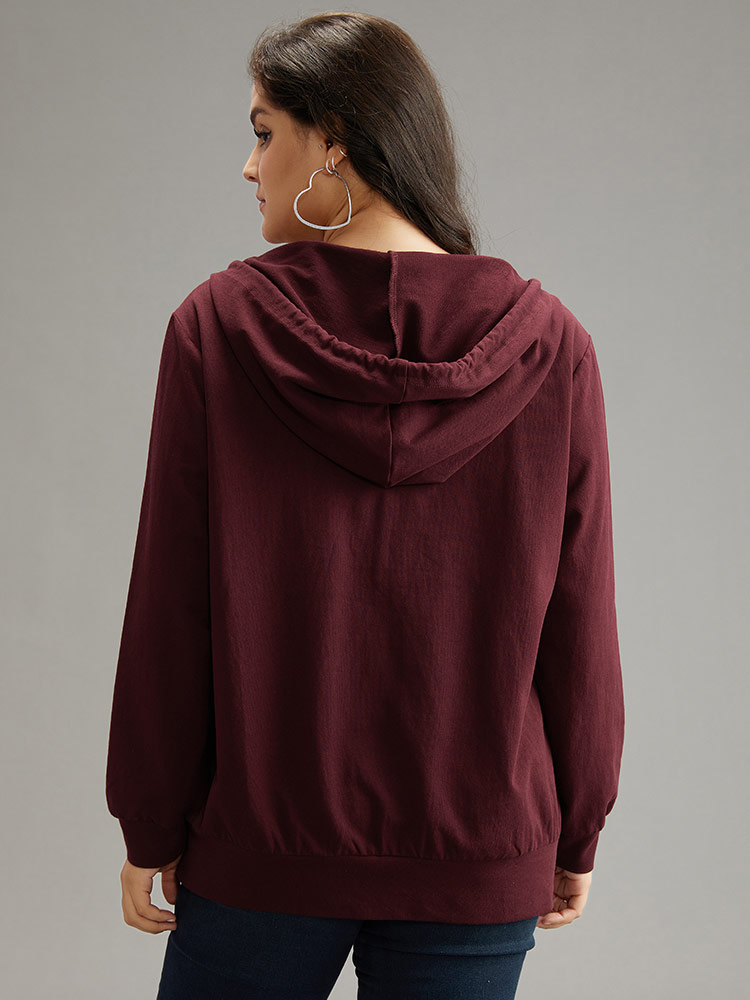 Plus Size Cotton Hooded Drawstring Sweatshirt Women Burgundy Elegant Wrap Hooded Dailywear Sweatshirts BloomChic 30/6X 