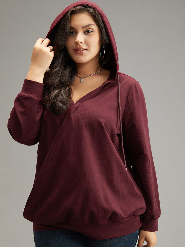 Plus Size Cotton Hooded Drawstring Sweatshirt Women Burgundy Elegant Wrap Hooded Dailywear Sweatshirts BloomChic 30/6X 